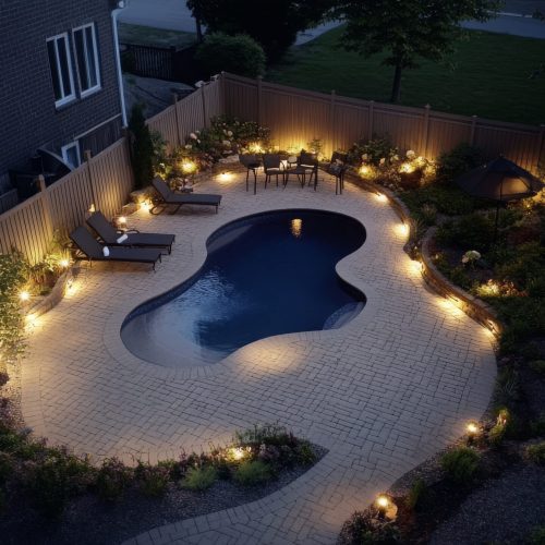 4K night photo of a backyard with a curvy pool, paver patio, and lit landscaping