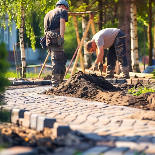 Landscaping company contractors working on interlock driveway project construction site and paving stone bricks Men working as team to design and construct large home landscape busines : Generative AI