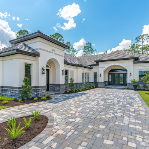 Elegant spanish style home with white and black exterior, dark brown accents, and paver driveway